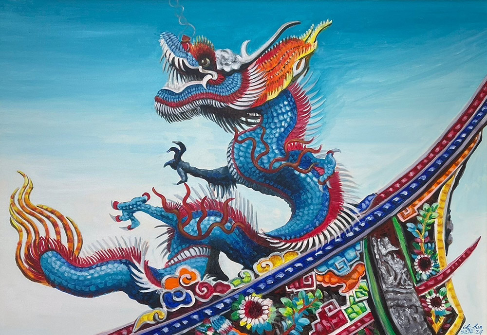 龍年當然要畫龍啊。但是要畫怎樣的龍才能呈現出龍的氣勢？身為廟會咖的我當然要從廟去尋找，才發現廟裏好多龍啊。最後選擇了昂首在廟頂上的龍，因為他們最接近天空，也能呈現出我想要表達的感覺。2024的開頭發生了很多事情，所以希望這幅「龍躍破雲」能夠破除一切的障礙，帶領著大家往前衝，迎向美好的一年。